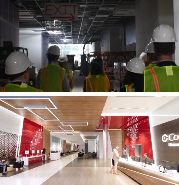 A media tour shows construction underway, top, for a planned Cooper University Health Care facility, bottom, at Moorestown Mall.