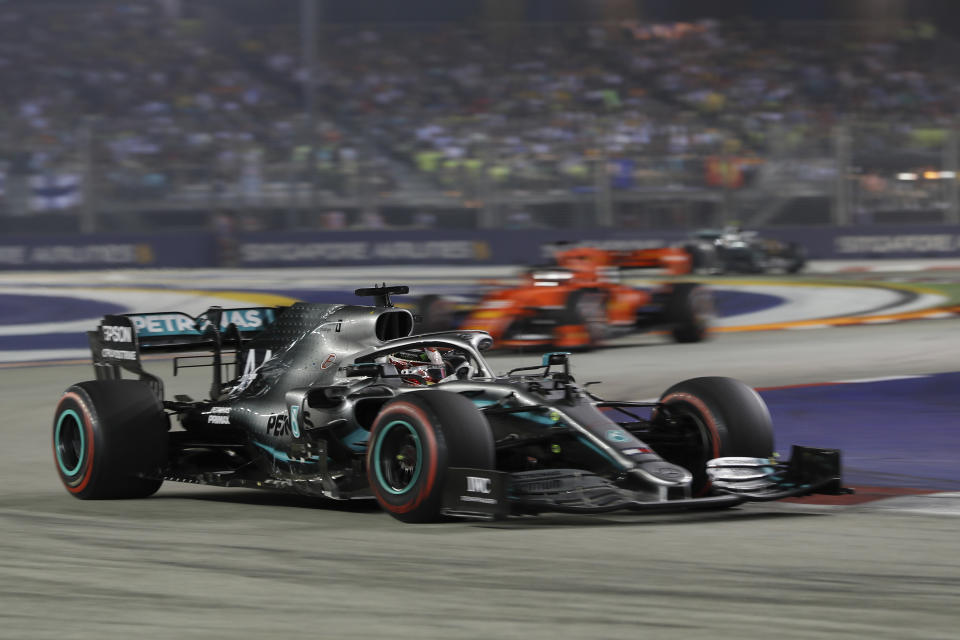 Mercedes driver Lewis Hamilton of Britain steers his car during the Singapore Formula One Grand Prix, at the Marina Bay City Circuit in Singapore, Sunday, Sept. 22, 2019. (AP Photo/Vincent Thian)