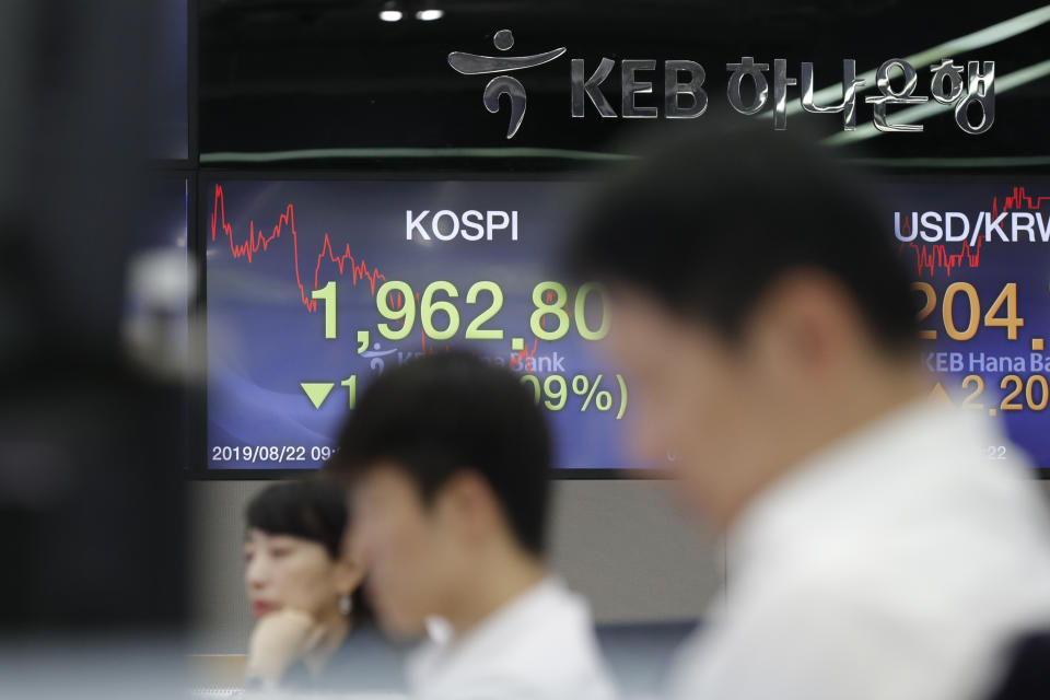 Two screens showing the Korea Composite Stock Price Index (KOSPI), left, and the foreign exchange rate between U.S. dollar and South Korean won are seen at the foreign exchange dealing room in Seoul, South Korea, Thursday, Aug. 22, 2019. Asian stock markets are mixed Thursday following Wall Street’s rebound as investors looked ahead to a speech by the U.S. Federal Reserve chairman for clues about possible interest rate cuts. (AP Photo/Lee Jin-man)