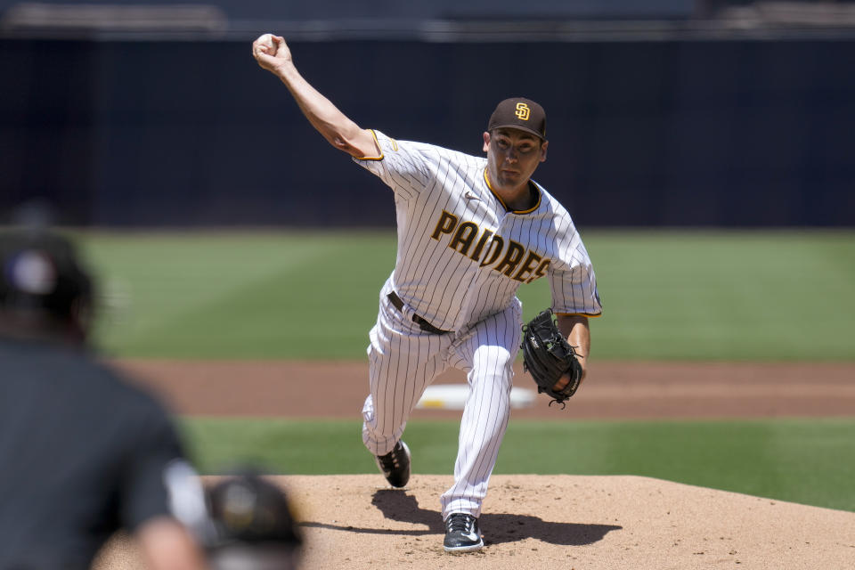 San Diego Padres starting pitcher Seth Lugo works against a Los Angeles Dodgers batter during the first inning of a baseball game Monday, Aug. 7, 2023, in San Diego. (AP Photo/Gregory Bull)