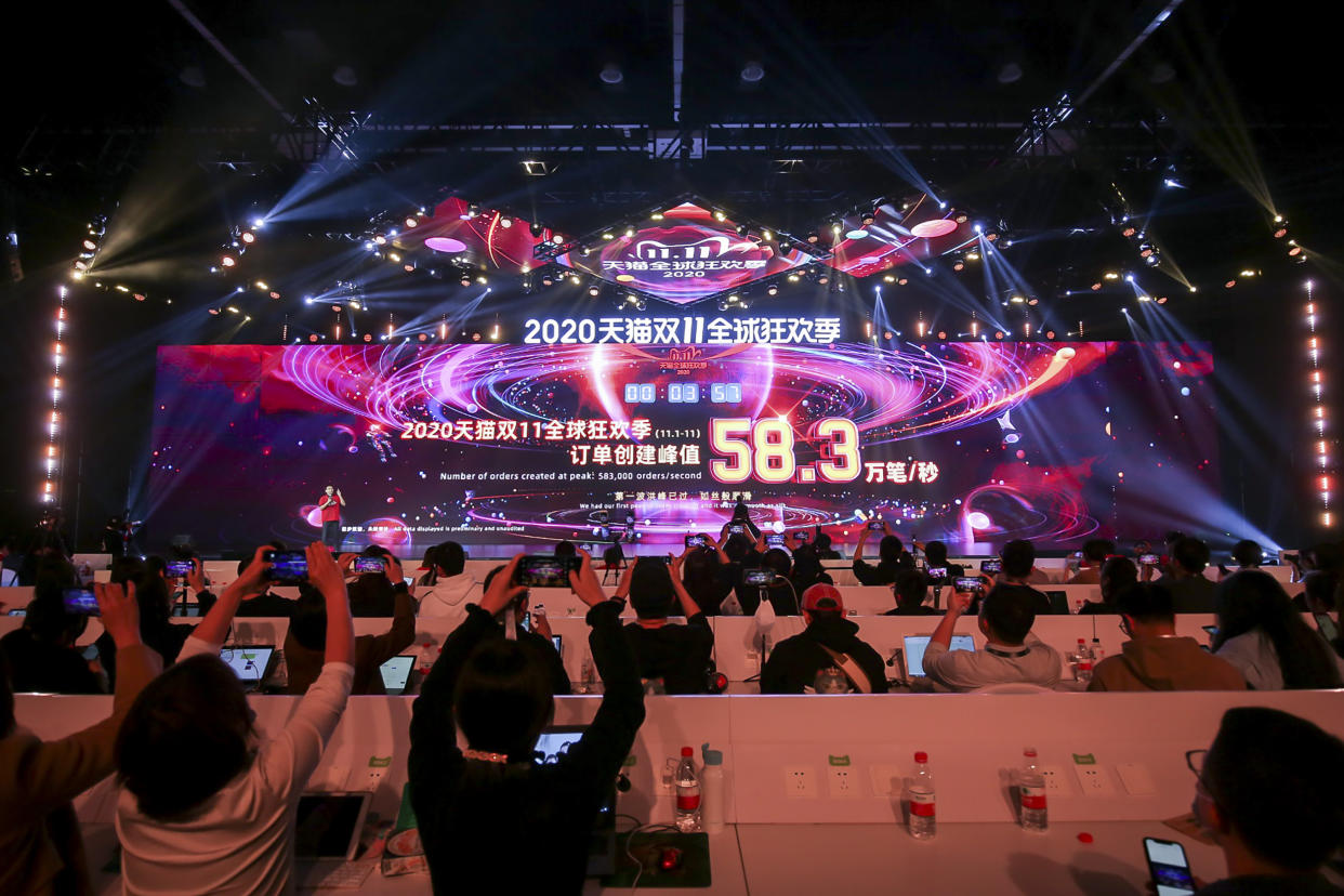 A screen shows sales information during the 2020 Tmall Global Shopping Festival on Singles' Day, also known as the Double 11 shopping festival, at a media centre in Hangzhou, in eastern China's Zhejiang province on November 11, 2020. (Photo by STR / AFP) / China OUT (Photo by STR/AFP via Getty Images)