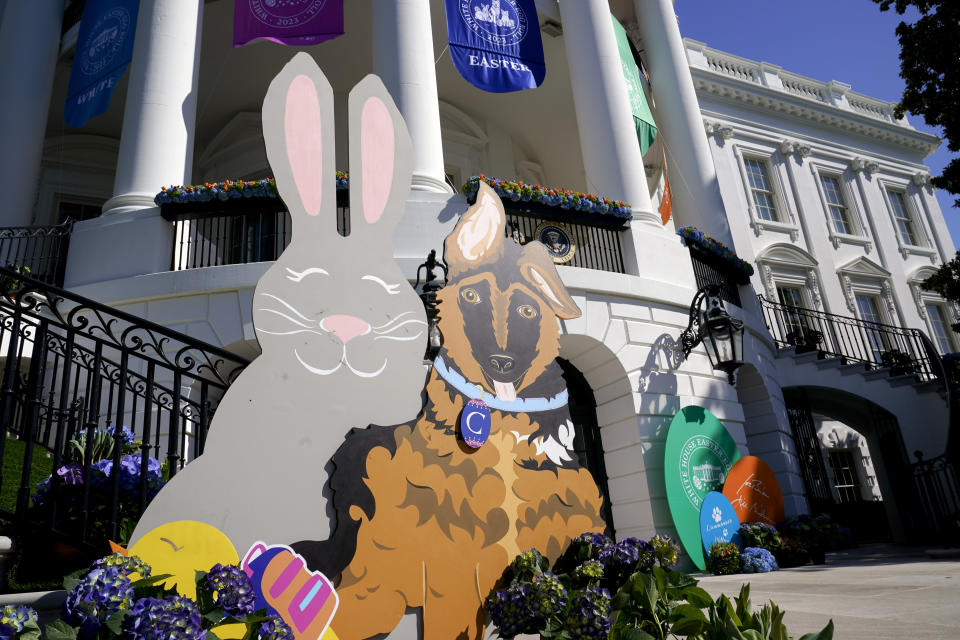 Decorations are displayed during the 2023 White House Easter Egg Roll, Monday, April 10, 2023, in Washington. (AP Photo/Susan Walsh)
