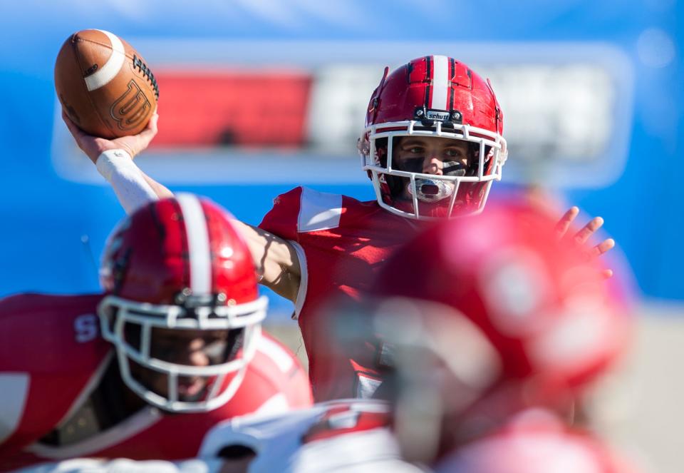 Lowndes’ Clayton Hussey (3) throws the ball during the AISA Class A State Championship at Cramton Bowl in Montgomery, Ala., on Thursday, Nov. 17, 2022. Lowndes leads Jackson 7-0 at halftime.