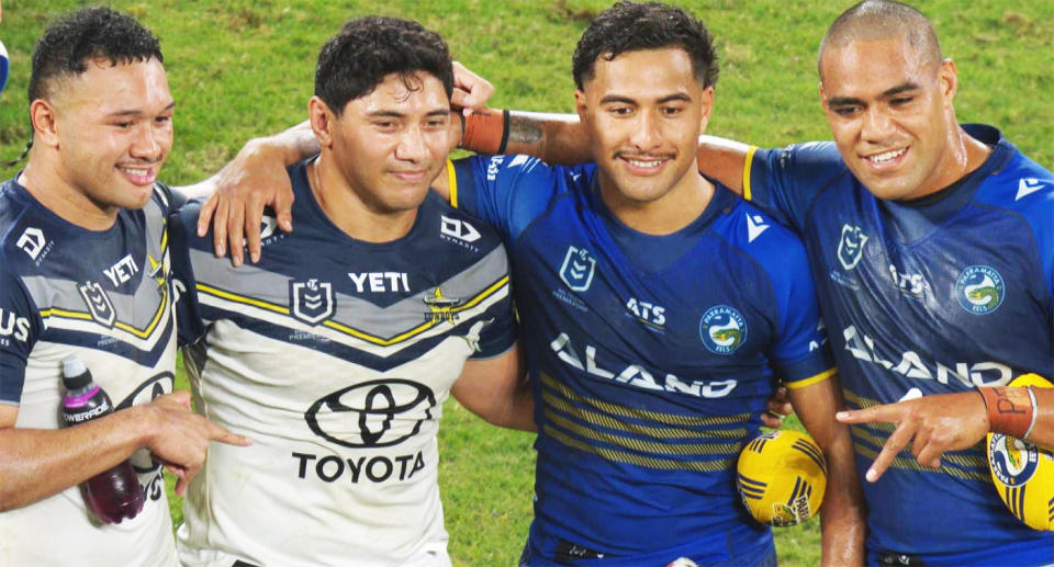 Cowboys pair Kulikefu Finefeuiaki and Jason Taumalolo were criticised for posing for a selfie with Eels rivals Will Penisini and Joe Ofahengaue after their team lost in the NRL. Pic: Fox League