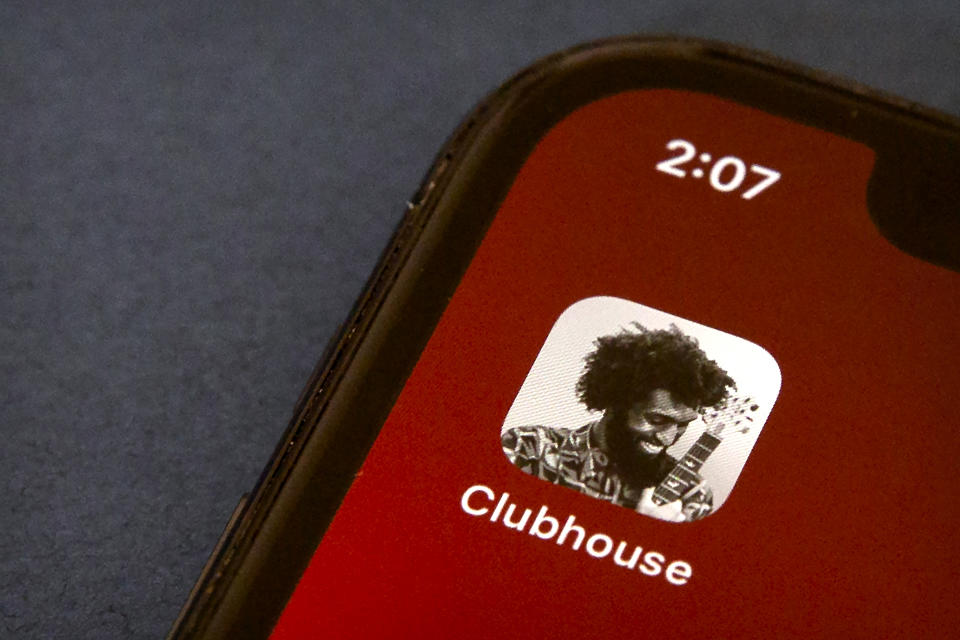 The icon for the social media app Clubhouse is seen on a smartphone screen in Beijing, Tuesday, Feb. 9, 2021. Chinese authorities are blocking access to Clubhouse, a social media app that allowed users in China to discuss sensitive topics with people abroad including Taiwan and treatment of the country’s Muslim minority. (AP Photo/Mark Schiefelbein)