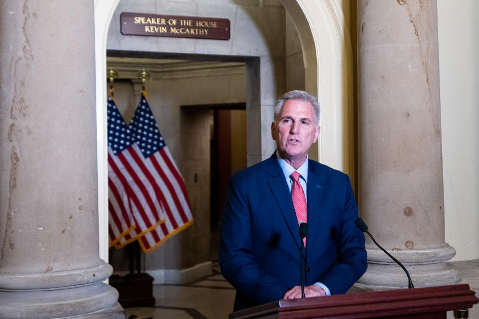 WASHINGTON - SEPTEMBER 12: Speaker of the House Kevin McCarthy, R-Calif., announces he is directing the House to open a formal impeachment inquiry into President Joe Biden on Tuesday, September 12, 2023, in the U.S. Capitol. (Bill Clark/CQ-Roll Call, Inc via Getty Images)