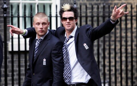 Andrew Flintoff (left) and Kevin Pietersen arrive at Downing Street following the Ashes victory parade  - Credit: Mark Lees/PA Wire