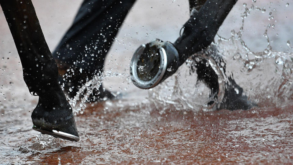General view of wet conditions in the mounting yard. (Photo by Vince Caligiuri/Getty Images)