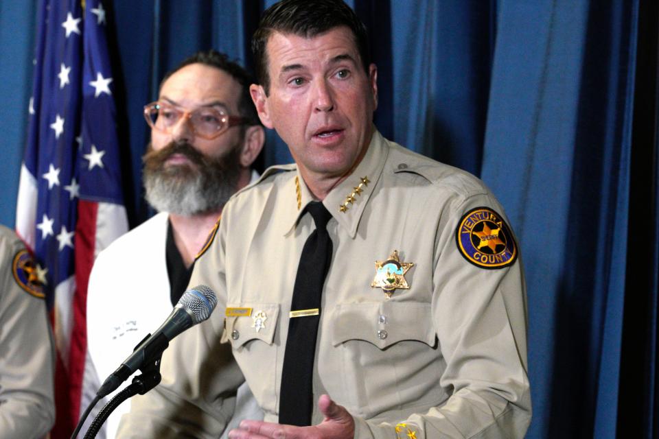 Ventura County Sheriff Jim Fryhoff takes questions as Chief Medical examiner Ventura, Dr. Christopher Young, looks on during a news conference at the Ventura Sheriff's East County Station in Thousand Oaks, Calif., Tuesday, Nov. 7, 2023. Authorities say a 69-year-old Jewish man has died after a confrontation during competing pro-Israel and pro-Palestinian demonstrations in California. The Ventura County Sheriff's Department says Paul Kessler died Monday at a hospital from a head injury, a day after a physical altercation during protests in Thousand Oaks, northwest of Los Angeles.