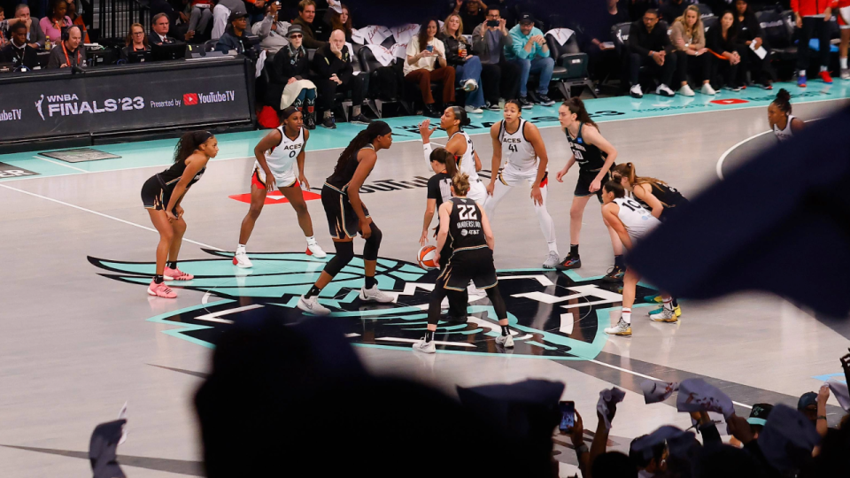 <div>The New York Liberty and the <a class="link " href="https://sports.yahoo.com/wnba/teams/las-vegas/" data-i13n="sec:content-canvas;subsec:anchor_text;elm:context_link" data-ylk="slk:Las Vegas Aces;sec:content-canvas;subsec:anchor_text;elm:context_link;itc:0">Las Vegas Aces</a> tip off during Game Three of the Championship Round of the 2023 WNBA Finals at the Barclays Center on October 15, 2023 in the Brooklyn borough of New York City. (Photo by Bruce Bennett/Getty Images)</div>