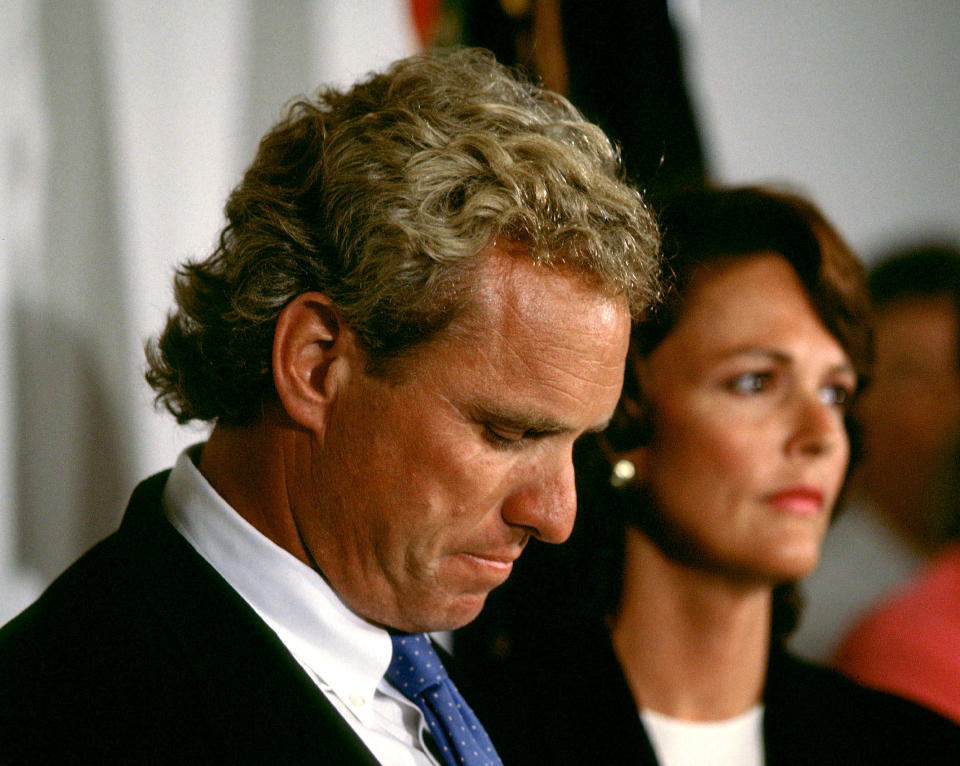 In August 1997, Joe Kennedy II, joined by his wife Beth, announced he would not be running for governor. (Photo: Brooks Kraft LLC/Sygma via Getty Images)