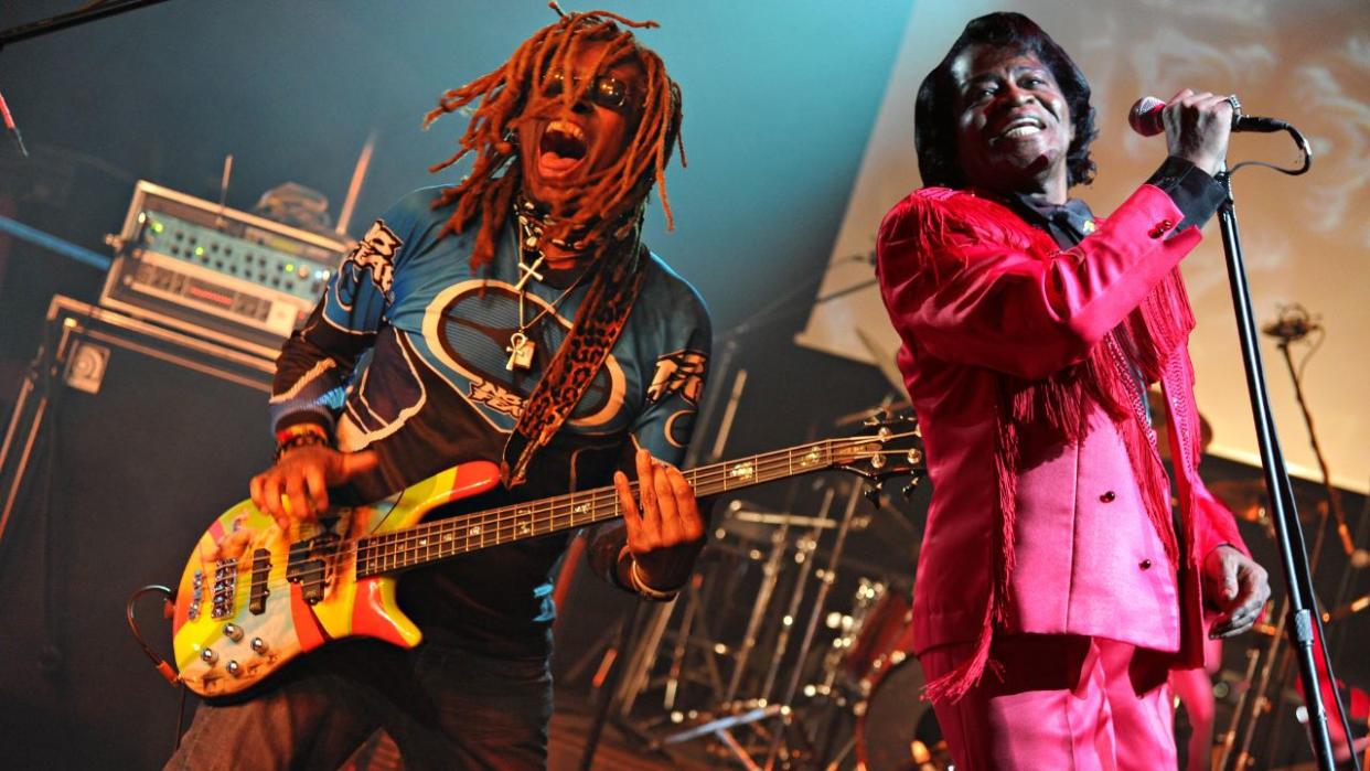  Musician James Brown performs on stage at the Miller Rock Thru Time Celebrating 50 Years of Rock Concert at Roseland September 17, 2004 in New York City. 