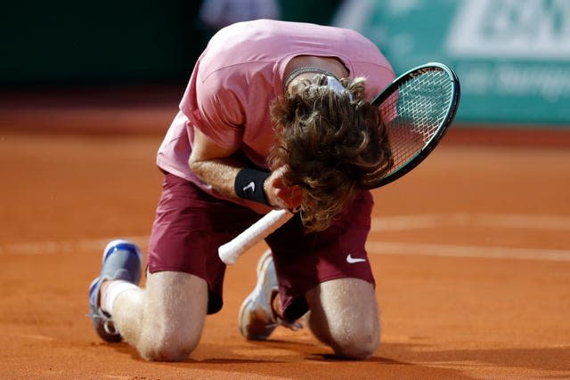 Andrey Rublev reacts to his victory over Rafael Nadal