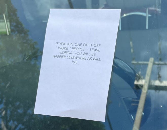 Someone put notes on vehicles in the Town of Palm Beach asking that if they were 'woke' to leave. The notes were put on cars with New York license plates. [Handout]