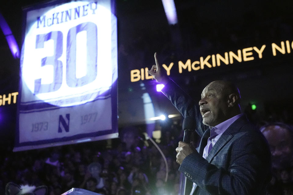 Former Northwestern basketball star Billy McKinney speaks during half time of an NCAA college basketball game between Iowa and Northwestern in Evanston, Ill., Saturday, March 2, 2024. Northwestern retired Billy McKinney's Number 30, a first in any sport in the 173-year history of the university. (AP Photo/Nam Y. Huh)