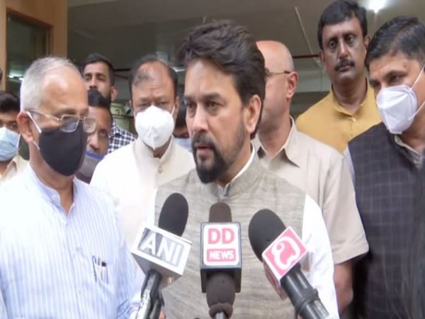 Union Minister Anurag Thakur speaking to reporters in Bengaluru on Sunday. [Photo/ANI]