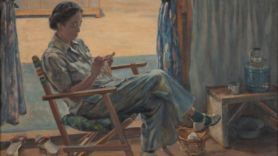 "This lovingly painted domestic scene could be anywhere — but it was in an American detention camp," reads an exhibition note accompanying Tokio Ueyama's painting, "The Evacuee." - Courtesy Japanese American National Museum