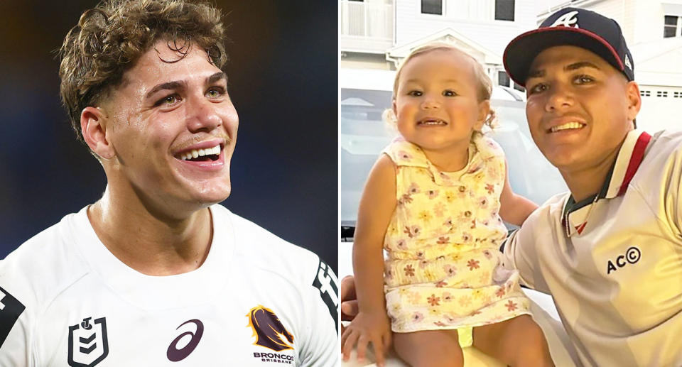 Pictured right is Broncos star Reece Walsh with his daughter Leila.