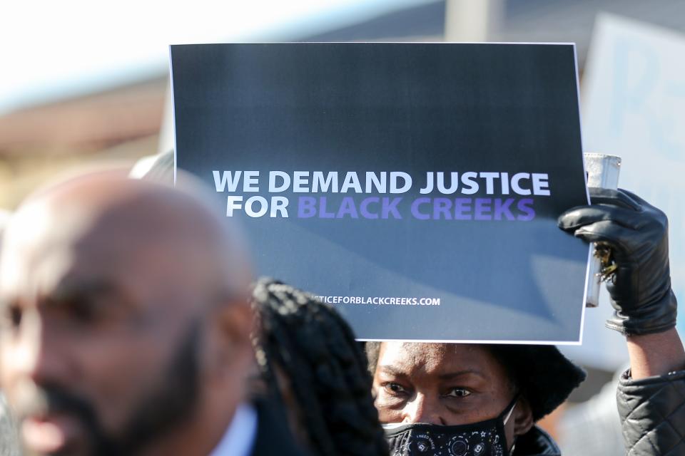 Plaintiffs and supporters gather Thursday outside the Muscogee Nation courthouse in Okmulgee, before a preliminary hearing regarding whether the Muscogee Nation is violating the terms of an 1866 treaty by not recognizing descendants of Freedmen as citizens.