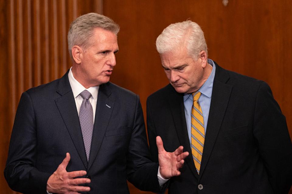 Former House speaker Kevin McCarthy (left) speaks with Republican Majority Whip Tom Emmer in September (Getty Images)