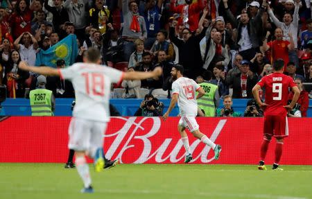 Soccer Football - World Cup - Group B - Iran vs Spain - Kazan Arena, Kazan, Russia - June 20, 2018 Spain's Diego Costa celebrates scoring their first goal with team mates REUTERS/Toru Hanai