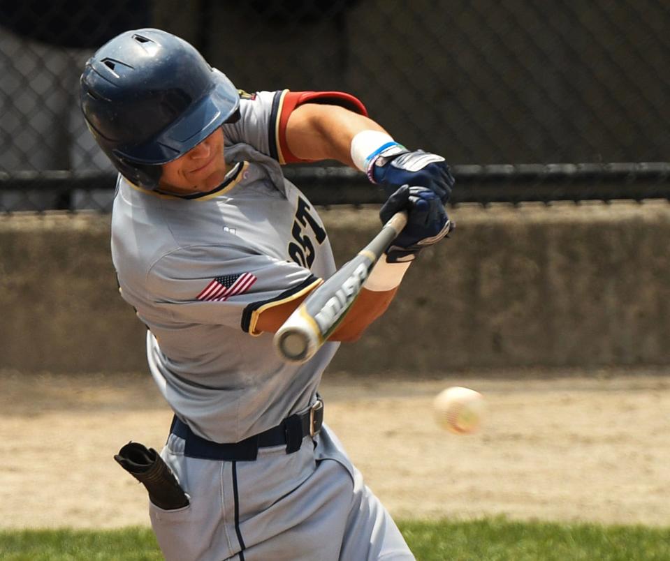 Shrewsbury's James Benestad connects on a two-run single to tie the game in the fourth inning of the American Legion Northeast Regional against Greece, New York on Thursday at Hanover Insurance Park at Fitton Field.