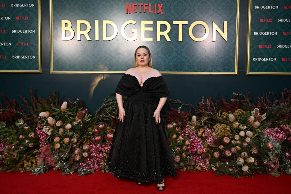 Nicola Coughlan attends the premiere of "Bridgerton" season three on April 21 in Bowral, Australia, Richard Quinn, red carpet, Netflix