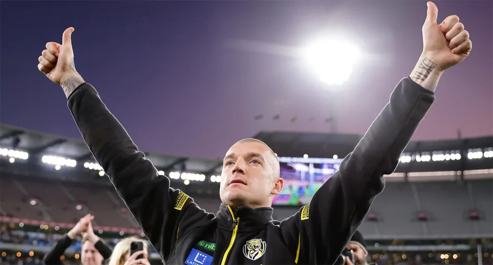 Richmond legend Dustin Martin appeared to farewell the AFL during the Tigers' home game against the Suns. Pic: Getty