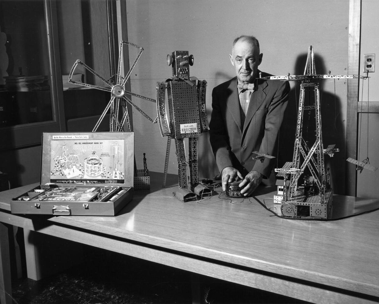 A.C. Gilbert, born and raised in Salem, invented the Erector Set. Here he is surrounded by examples of the construction toy.