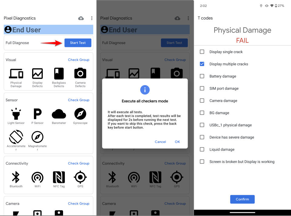 pixel diagnose app test running & results