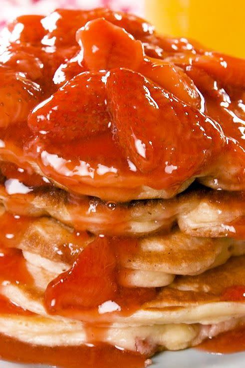 <p>We took our <a href="https://www.delish.com/uk/cooking/recipes/a30452165/pancake-recipe/" rel="nofollow noopener" target="_blank" data-ylk="slk:perfect pancakes;elm:context_link;itc:0;sec:content-canvas" class="link ">perfect pancakes</a> and added a little cream cheese and strawberries to make the most addicting pancake ever. Then we topped them with a simple homemade strawberry syrup to really make then unforgettable.</p><p>Get the <a href="https://www.delish.com/uk/cooking/recipes/a32485162/strawberry-cheesecake-pancakes-recipe/" rel="nofollow noopener" target="_blank" data-ylk="slk:Strawberry Cheesecake Pancakes;elm:context_link;itc:0;sec:content-canvas" class="link ">Strawberry Cheesecake Pancakes</a> recipe.</p>