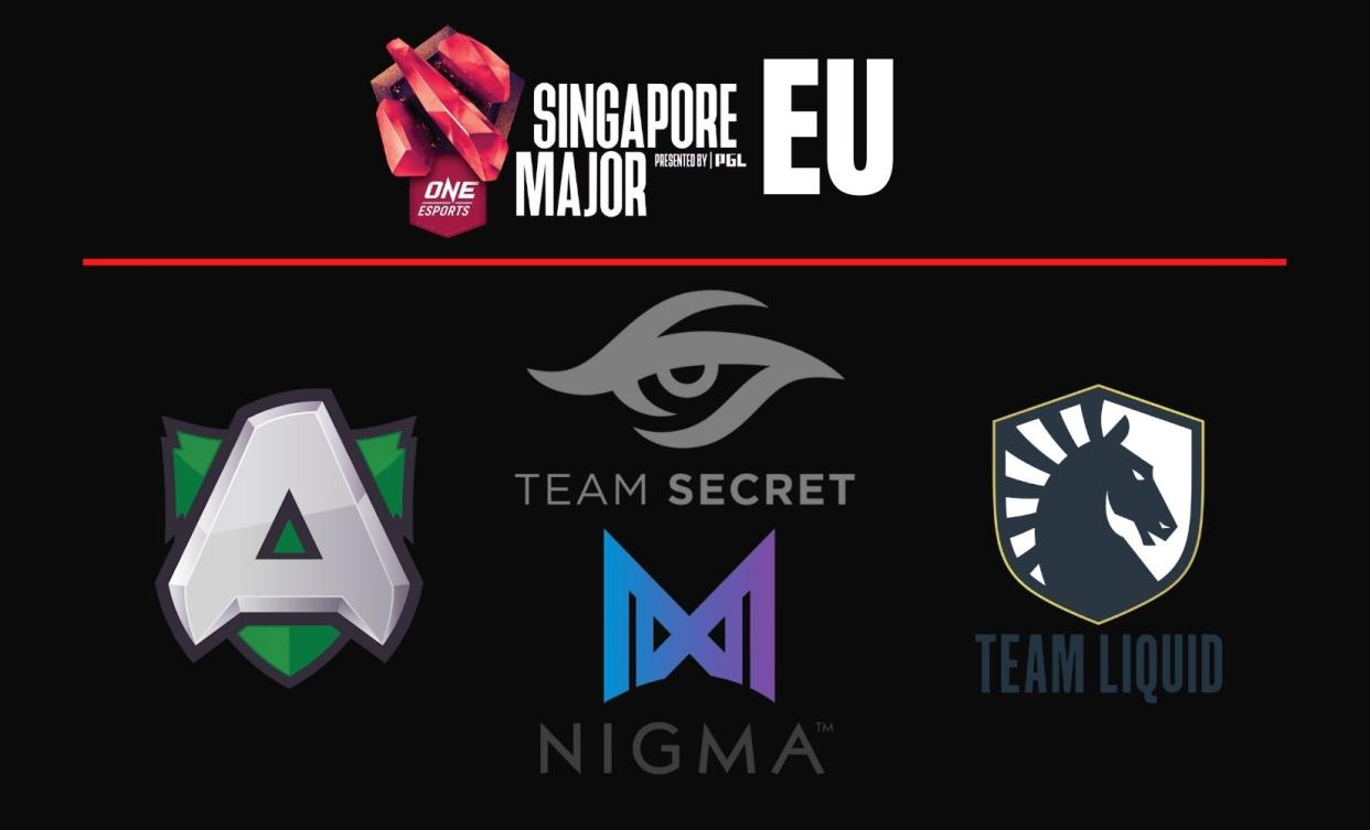 (Illustration: Yahoo Esports, Logos: ONE Esports, Team Secret, Alliance, Team Nigma, Team Liquid)