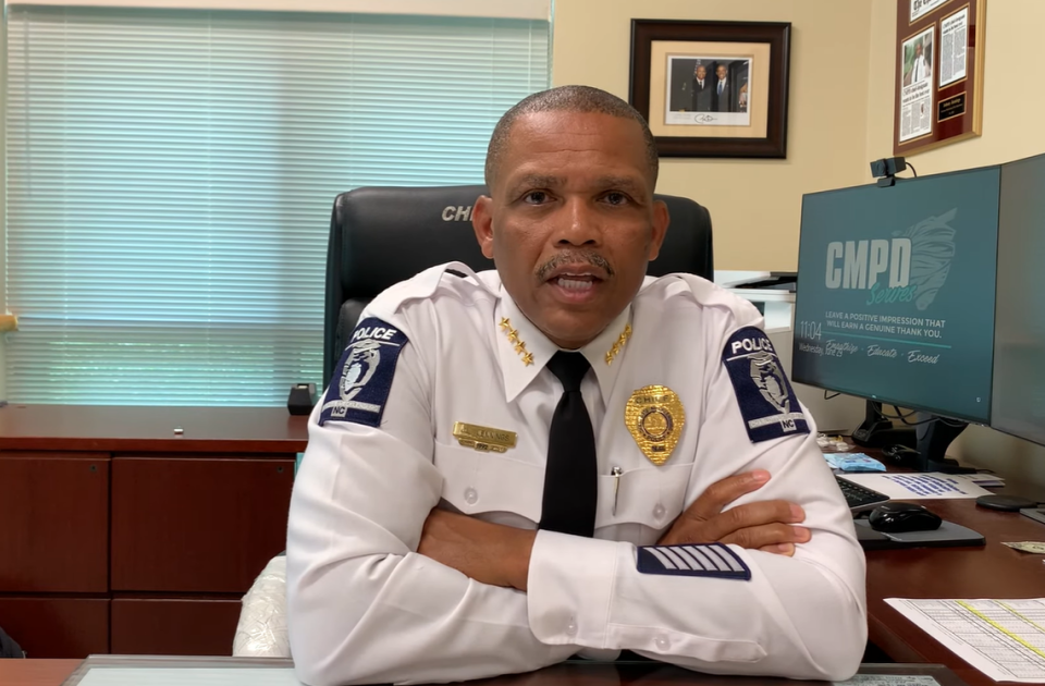 In this screenshot from Charlotte-Mecklenburg Police video on Wednesday, June 29, 2022, Chief Johnny Jennings discusses the “unacceptable” bond amount set for the suspect in the shooting of an officer.