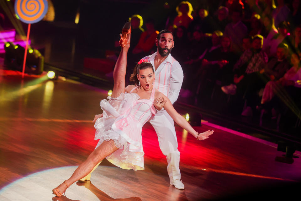 06 March 2020, North Rhine-Westphalia, Cologne: Lili Paul-Roncalli, artist, and Massimo Sinato, professional dancer, dance in the RTL dance show "Let's Dance" at the Coloneum. Photo: Rolf Vennenbernd/dpa (Photo by Rolf Vennenbernd/picture alliance via Getty Images)