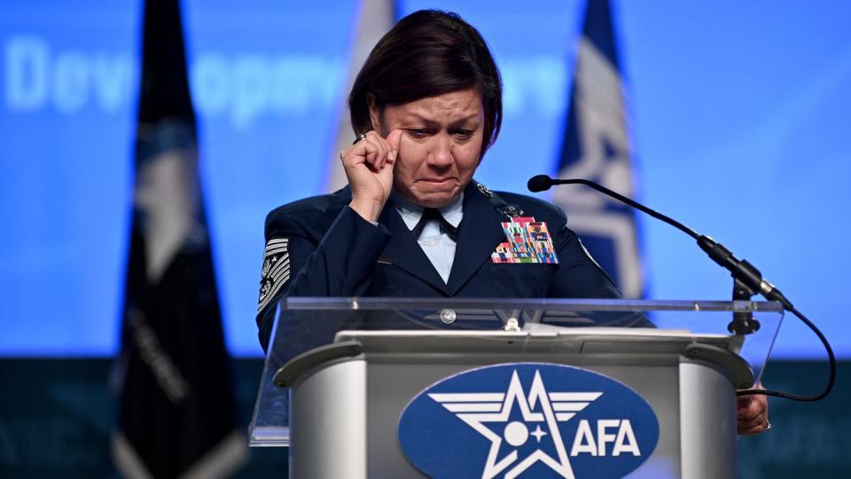Chief Master Sergeant of the Air Force JoAnne Bass becomes emotional as she reflects on her 30 years of service. (Mike Tsukamoto/Air & Space Forces Magazine)