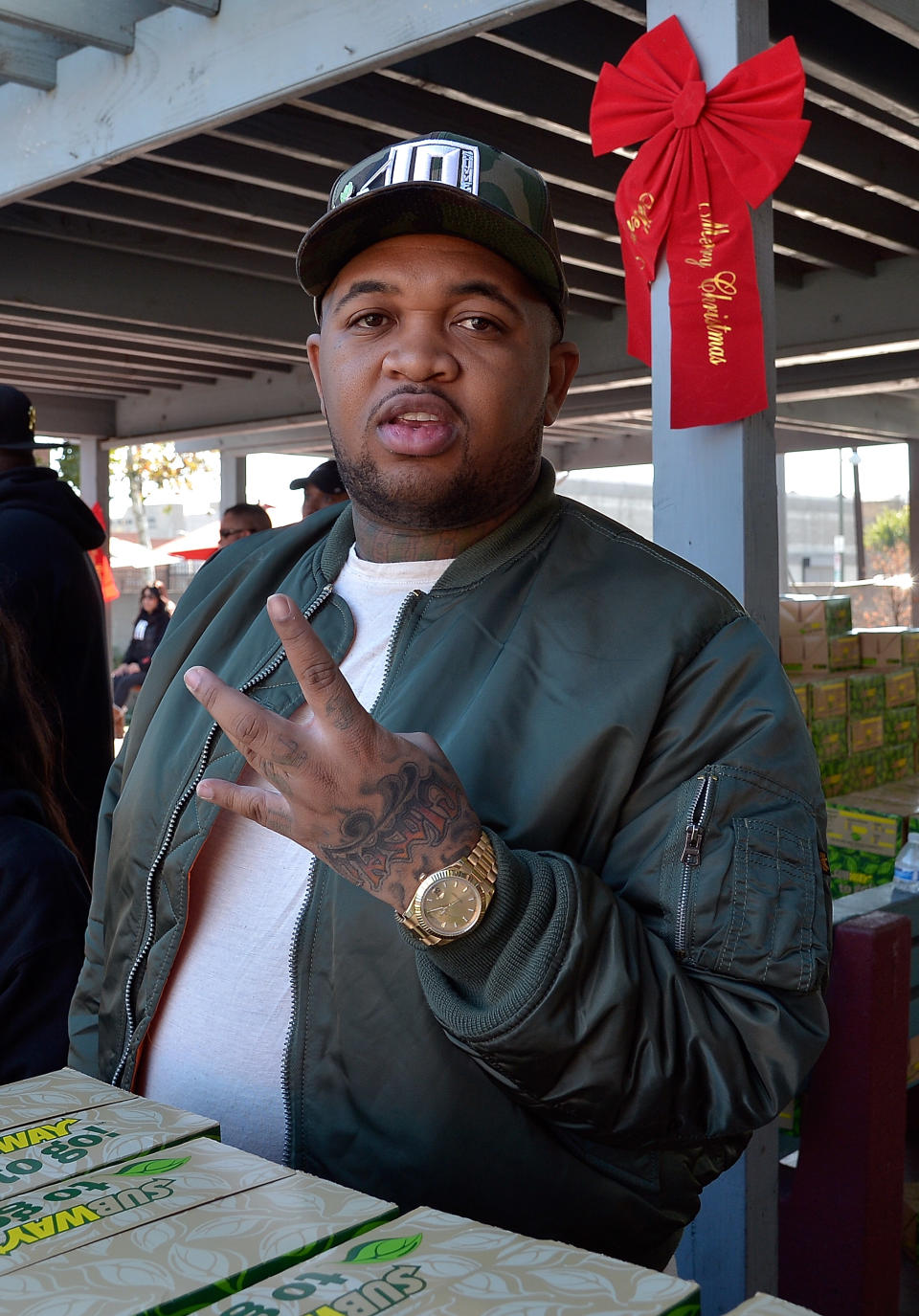 DJ Mustard attends WorldStarHipHop's 3rd Annual Skid Row Holiday Giveaway on December 18, 2015 in Los Angeles, California.