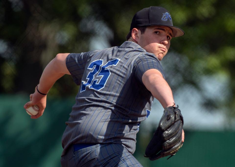 Mountain House's John Stephens delivers a pitch during a varsity baseball game against Lodi at Tony Zupo Field in Lodi on Tuesday, May, 9, 2023. Lodi won 6-4.