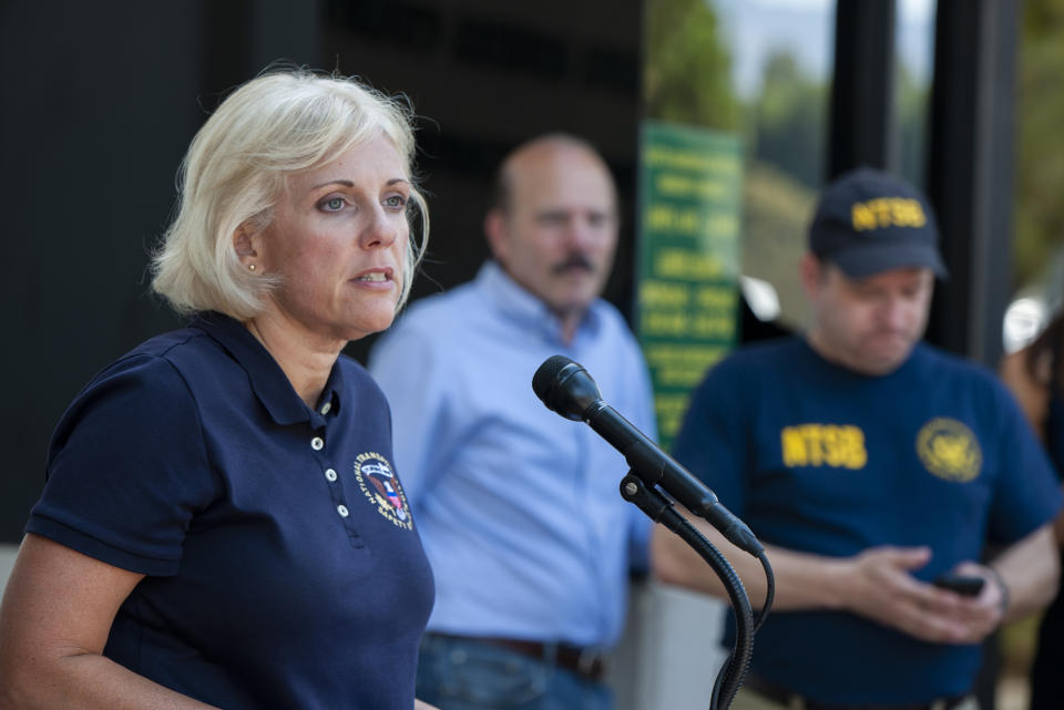 National Transportation Safety Board (NTSB) member Jennifer Homendi pauses as she speaks at a news conference in Santa Barbara, Calif., Tuesday, Sept. 3, 2019. Homendi discussed the ongoing investigation of how the Conception diving boat became engulfed in flames and killed dozens on board. (AP Photo/Christian Monterrosa)