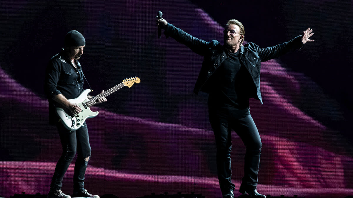  U2 live onstage in 2019; the Edge says that the band has been working lots of new material following the release of Songs of Surrender 