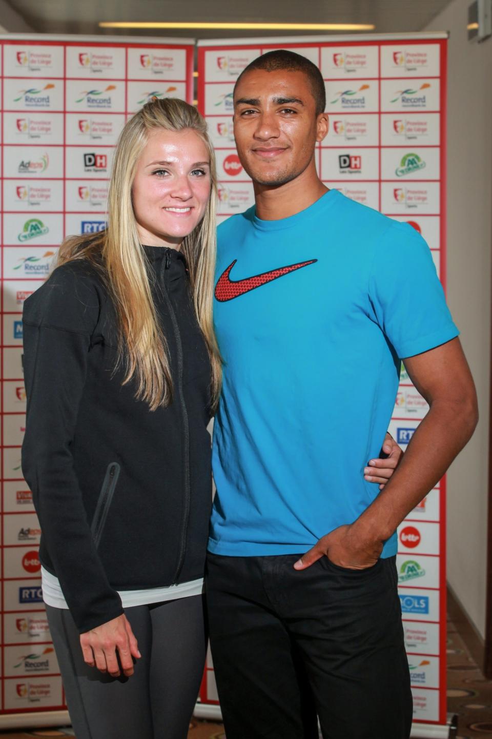 <p>Reigning Olympic Heptathlon champion Ashton Eaton pictured with his wife Brianne Theisen-Eaton at the press conference of the athletics meeting of Liege. They both will participate. (Photo by William Van Hecke/Corbis via Getty Images) </p>