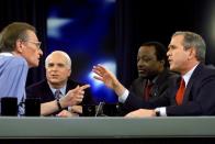 FILE - In this Feb. 15, 2000 file photo, Larry King, host of CNN's Larry King Live, asks a question to the Republican presidential candidates, from left, Sen. John McCain, Alan Keyes, and Gov. George W. Bush of Texas, during the Republican presidential debate in Columbia, S.C. King, who interviewed presidents, movie stars and ordinary Joes during a half-century in broadcasting, has died at age 87. Ora Media, the studio and network he co-founded, tweeted that King died Saturday, Jan. 23, 2021 morning at Cedars-Sinai Medical Center in Los Angeles. (AP Photo/Eric Draper, Pool)