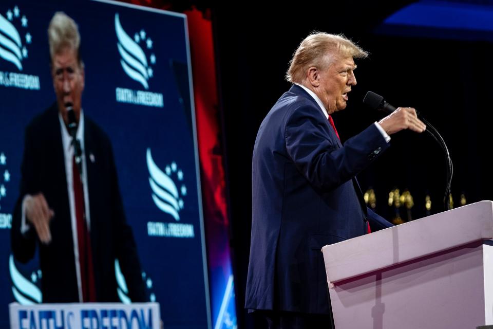 Former President Donald Trump speaks at the Faith & Freedom Coalition's Road to Majority Policy Conference at the Washington Hilton on June 22, 2024 in Washington, DC. The conservative Christian group is hosting a series of congressional members and political candidates to speak on the upcoming 2024 elections. (Photo by Samuel Corum/Getty Images)