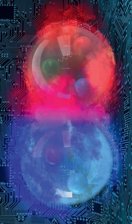 Simulation du noyau atomique du deutérium (formé d\'un proton, en rouge, et d\'un neutron, en bleu) obtenue grâce à un ordinateur quantique. Crédit : ANDY SPROLES/OAK RIDGE NATIONAL LABORATORY, U.S. DEPT. OF ENERGY.