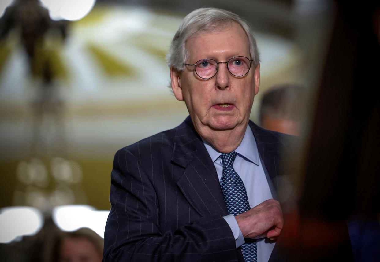 U.S. Senate Minority Leader Mitch McConnell (R-KY) prepares to speak to the media after the weekly Senate Republican caucus luncheon at the U.S. Capitol in Washington, U.S., February 14, 2023. REUTERS/Evelyn Hockstein