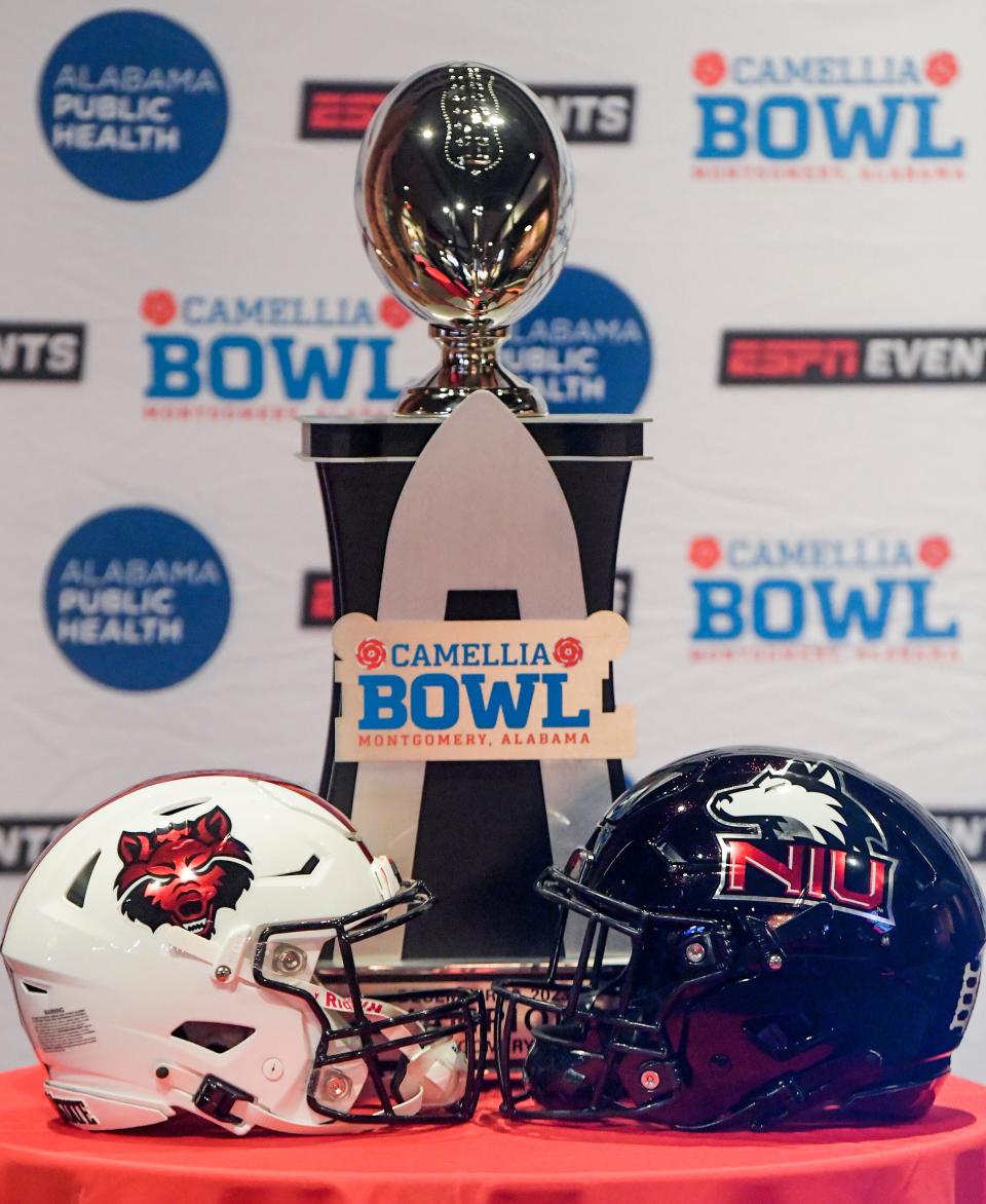 The Camellia Bowl trophy is displayed during the coaches press conference in Montgomery, Ala., on Tuesday evening December 19, 2023. The Camellia Bowl takes place on Saturday December 23.