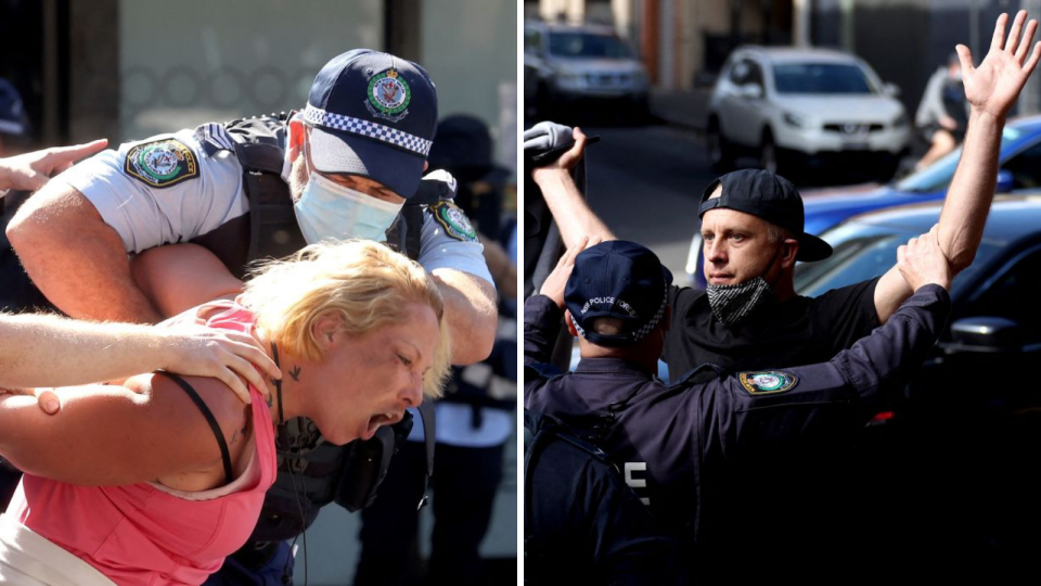 NSW Police detain protestors at Sydney's anti-lockdown rally on Saturday 21 August