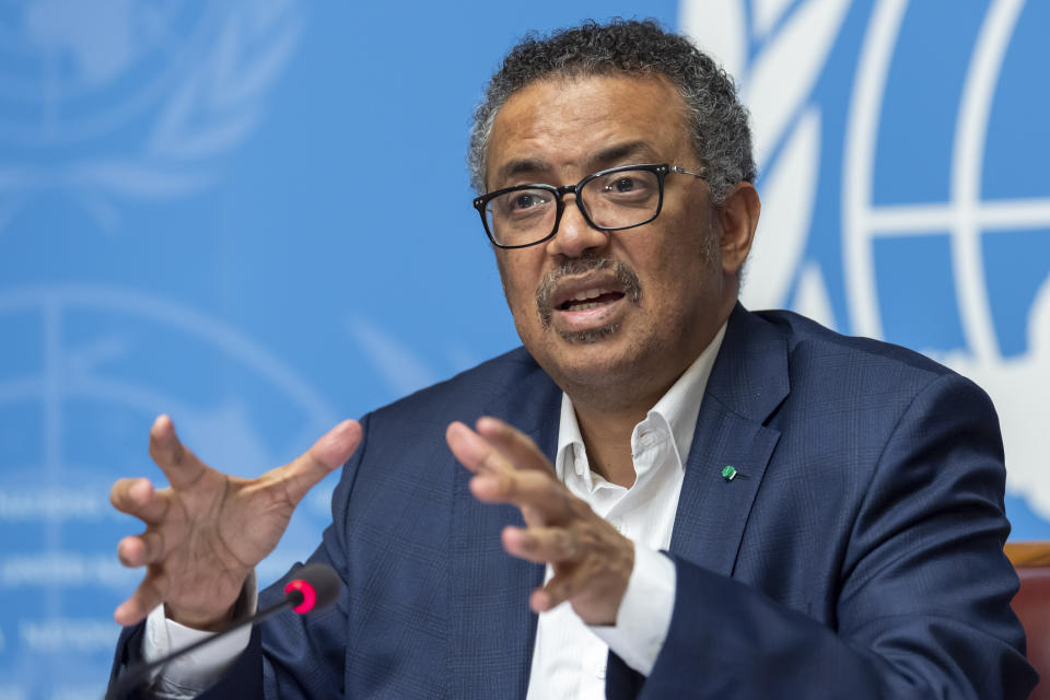 FILE - In this Thursday, March 14, 2019, file photo, Tedros Adhanom Ghebreyesus, Director-General of the World Health Organization, speaks at the European headquarters of the United Nations in Geneva, Switzerland, about the update on WHO Ebola operations in the Democratic Republic of the Congo. One-fourth of the people interviewed in eastern Congo in 2018 believed Ebola wasn’t real, according to a new study released Wednesday, March 27, 2019, underscoring the enormous challenges health care workers are now facing. (Martial Trezzini/Keystone via AP, File)