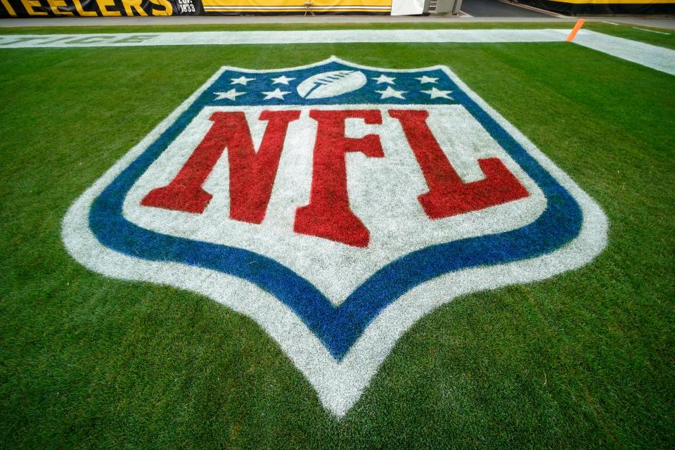 This is the NFL logo painted in the end zone at Heinz Field before an NFL football game between the Pittsburgh Steelers and the Tennessee Titans in Pittsburgh, Sunday, Dec. 19, 2021.