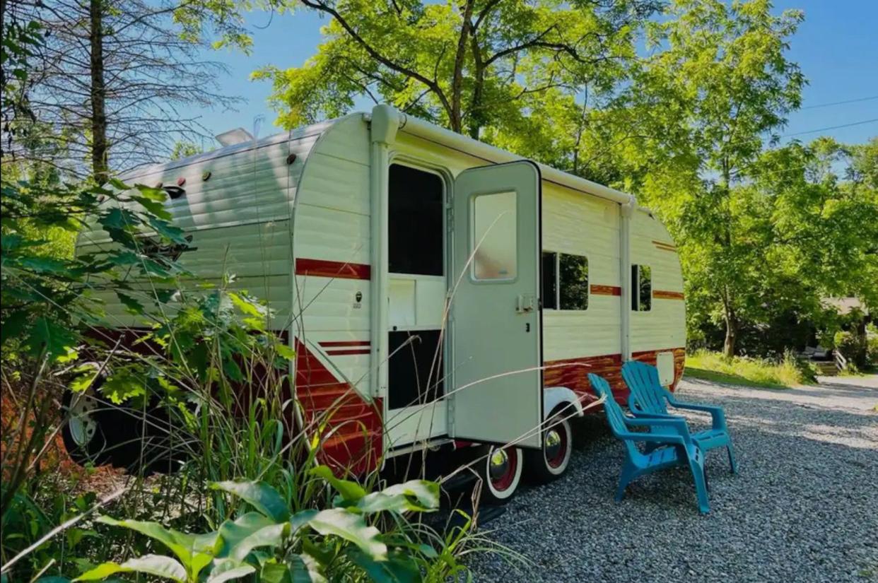 The "Glamper" located at "The Secret Garden of Eden" Airbnb compound in Weaverville.