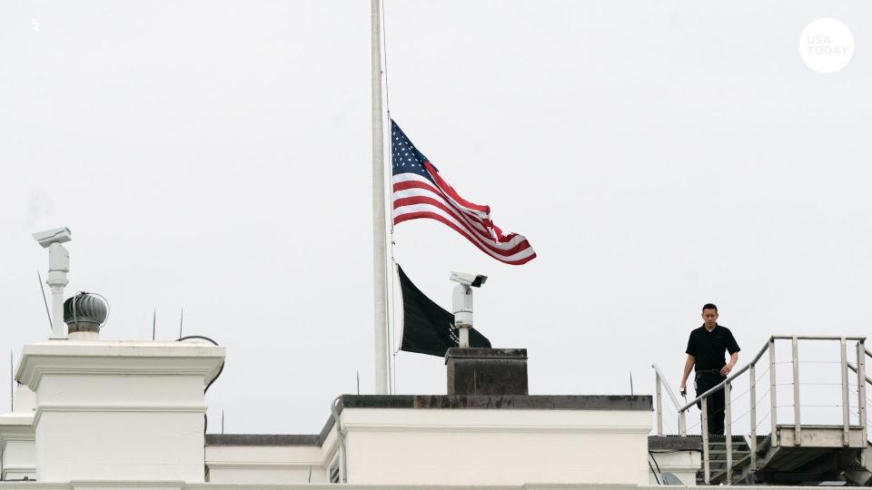 An American flag flies at half-staff at the White House, Tuesday, May 24, 2022, in Washington, to honor the victims of the mass shooting at Robb Elementary School in Uvalde, Texas. (AP Photo/Manuel Balce Ceneta)